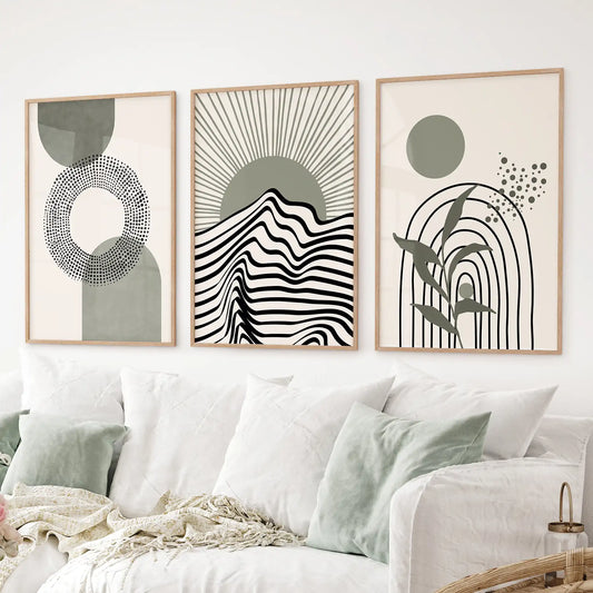 Boho Sage Green 3 Piece Wall Art. Mid-Century Art Prints for Living Room