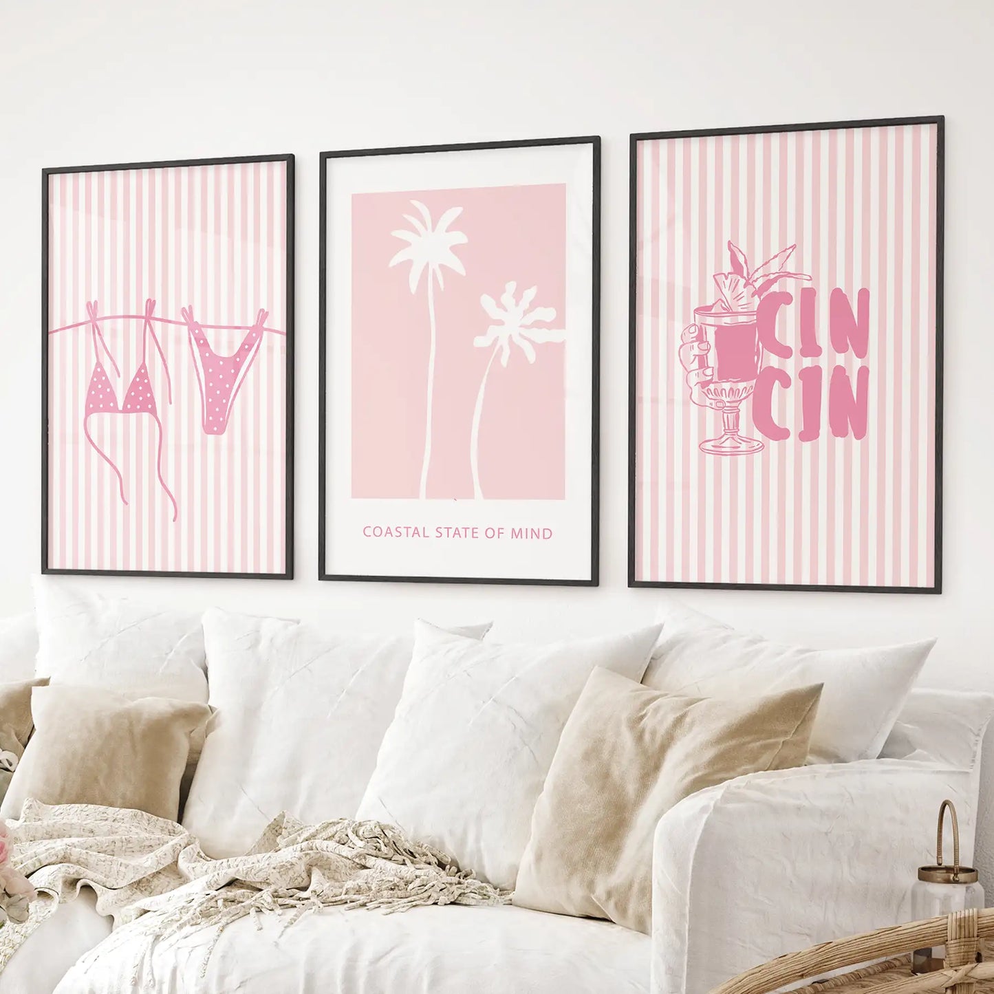 Preppy Coastal Girl Room Décor. Set of 3 Pink Summer Prints