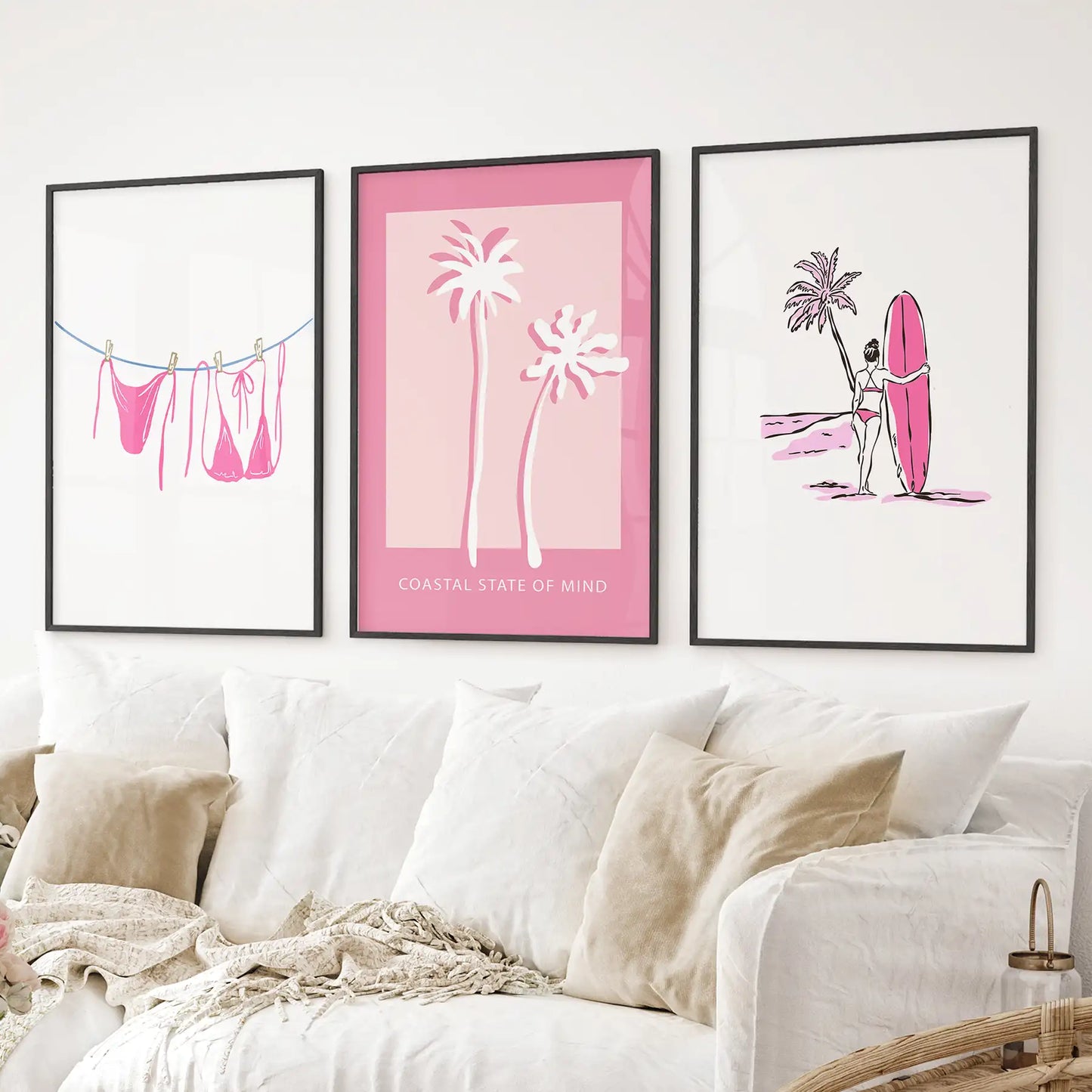 Beach House 3 Piece Girly Wall Art: Pink Palm, Surfer Prints