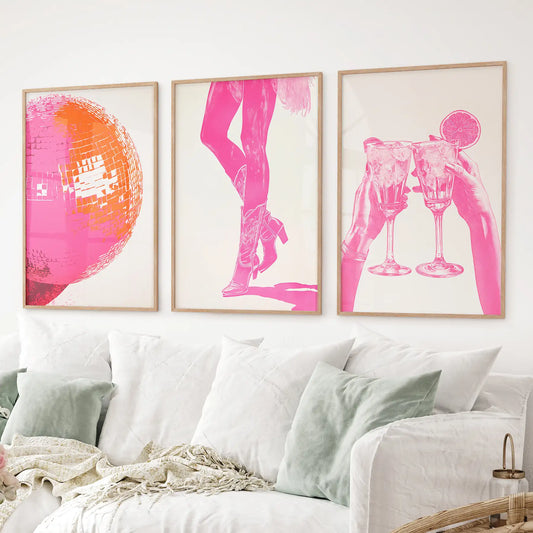 Funky Preppy Pink Wall Art. Set of 3 Girl Power Posters for Apartment or Dorm