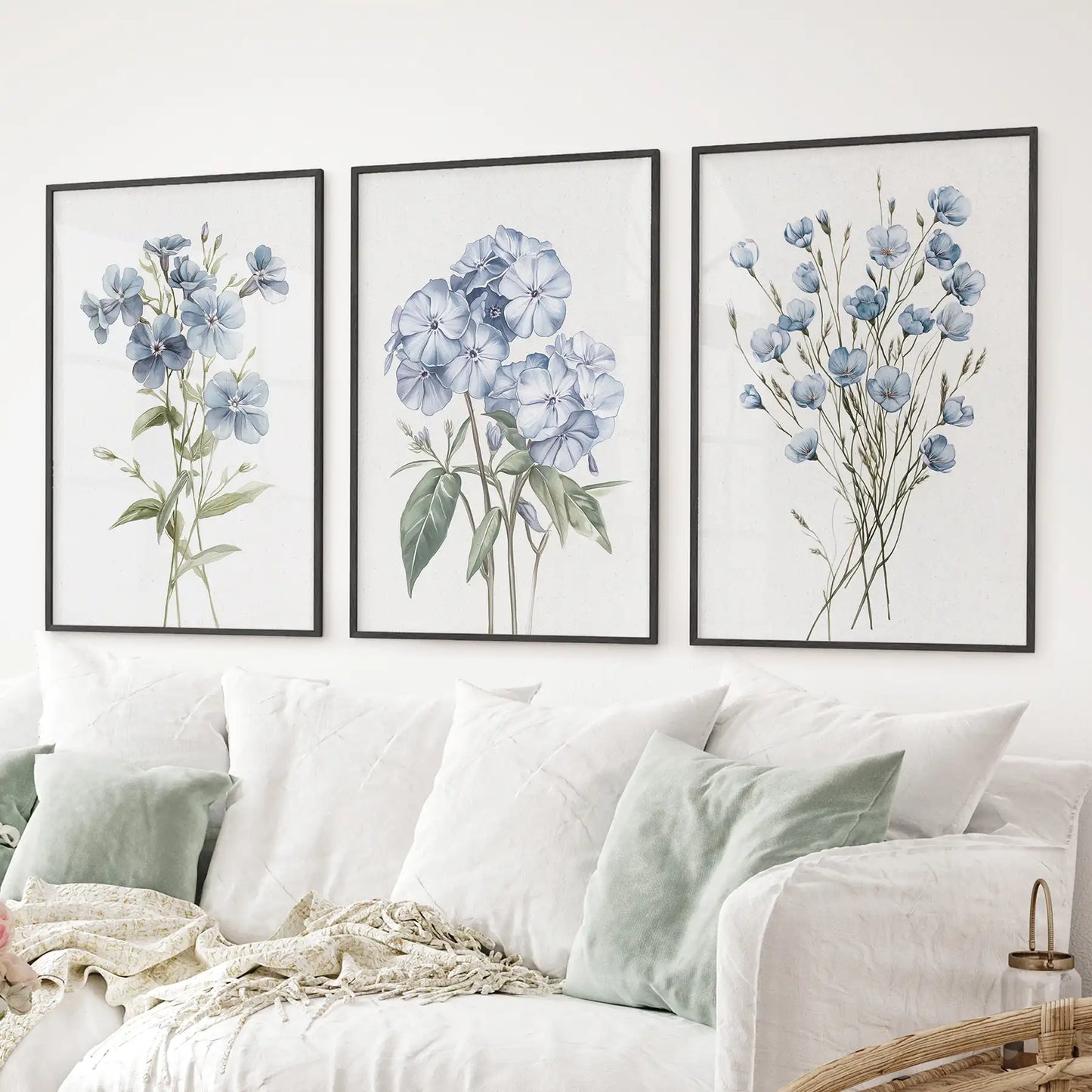 Watercolor Blue Flowers Wall Art. Set of 3 Prints