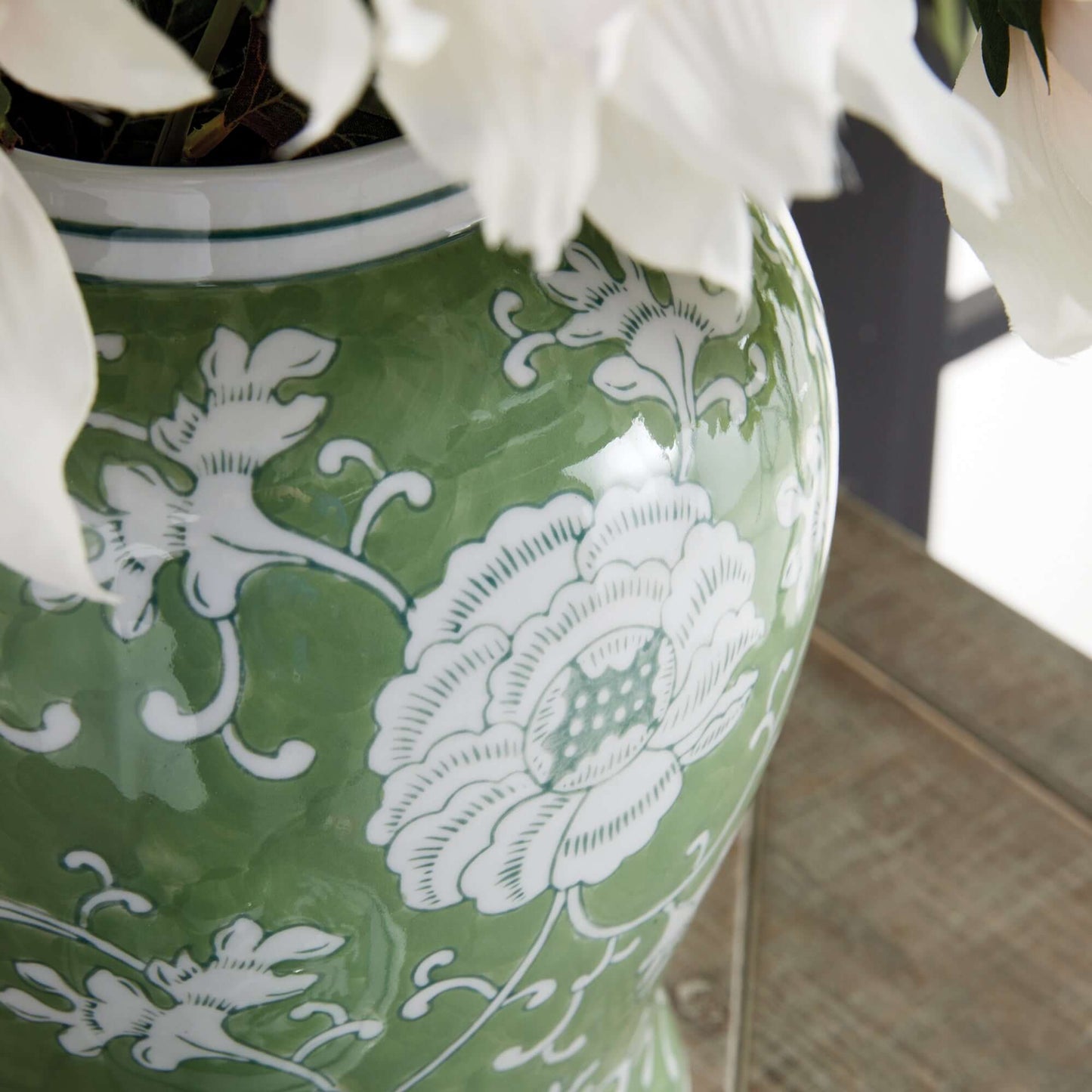 Porcelain Green Chinoiserie Lotus Ginger Jar with Lid