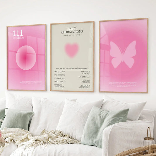 Pink Aura 3 Piece Art Prints Set. Motivational Decor for Girls’ Bedroom or Dorm