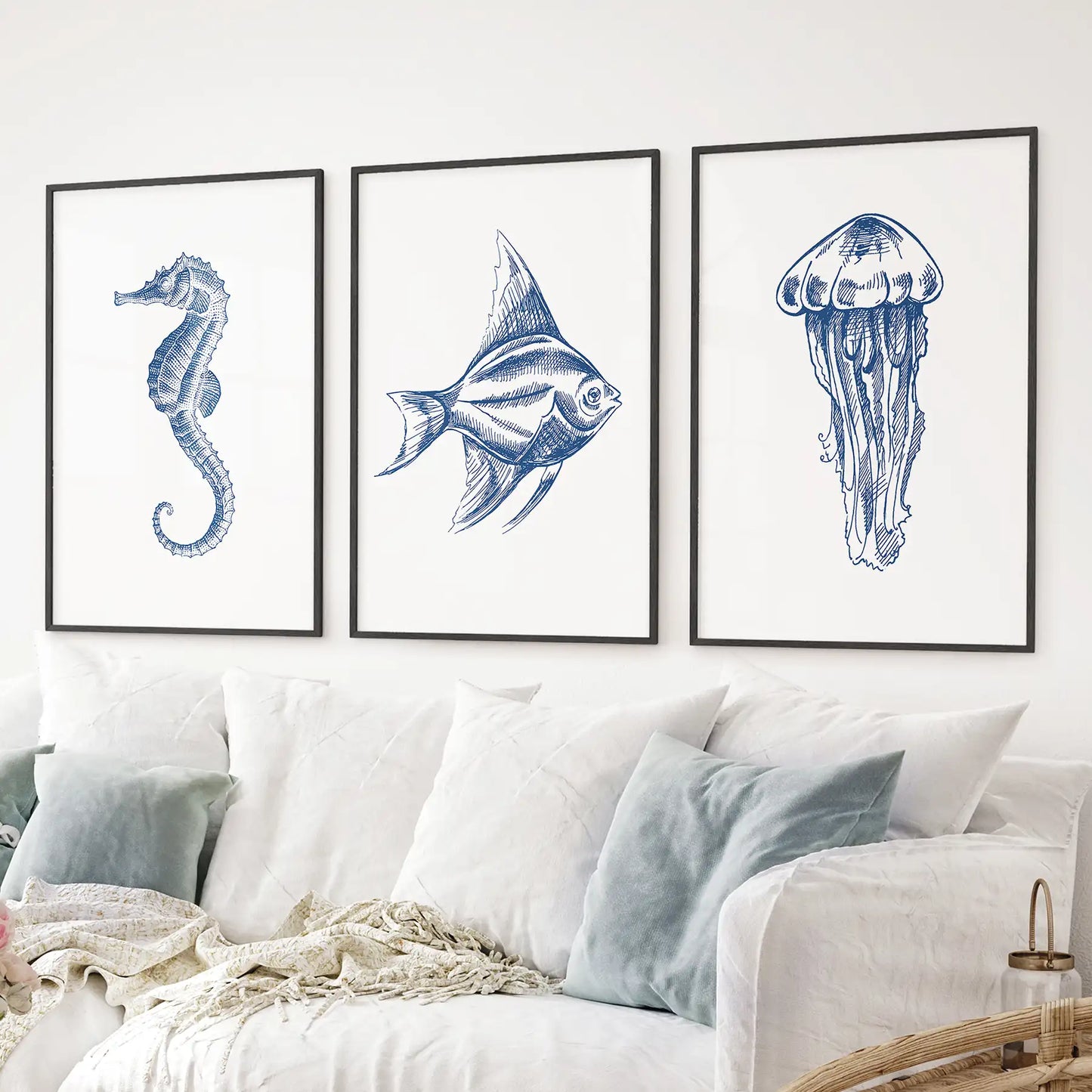 Sea Animal Posters. Seahorse, Fish, Jellyfish Art Print Set