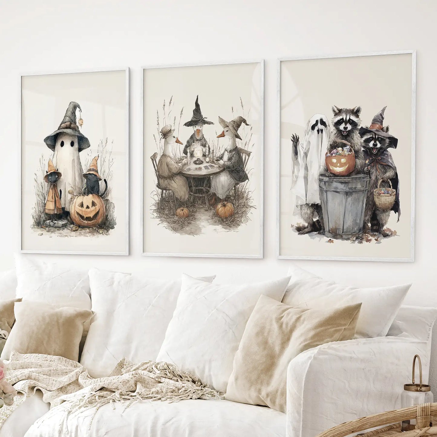Halloween Set of 3 Wall Art. Ghost, Witch, Animals, Pumpkins