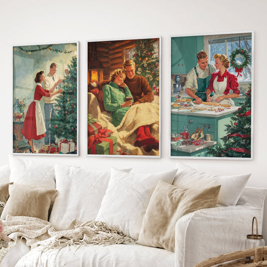 Nostalgic Christmas Decor. Cozy Retro Holiday Set of 3 Art