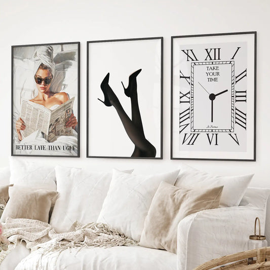 Elegant Glam Wall Art: Fashion Girl, Heels. Set of 3 Prints