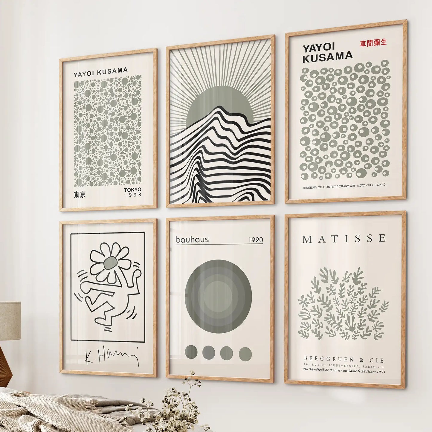 Gallery Wall Set of 6. Sage Green Bauhaus Prints Inspired by Kusama and Matisse