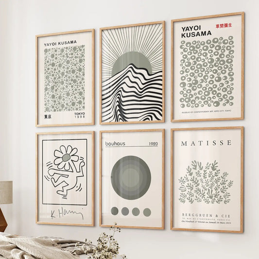 Gallery Wall Set of 6. Sage Green Bauhaus Prints Inspired by Kusama and Matisse
