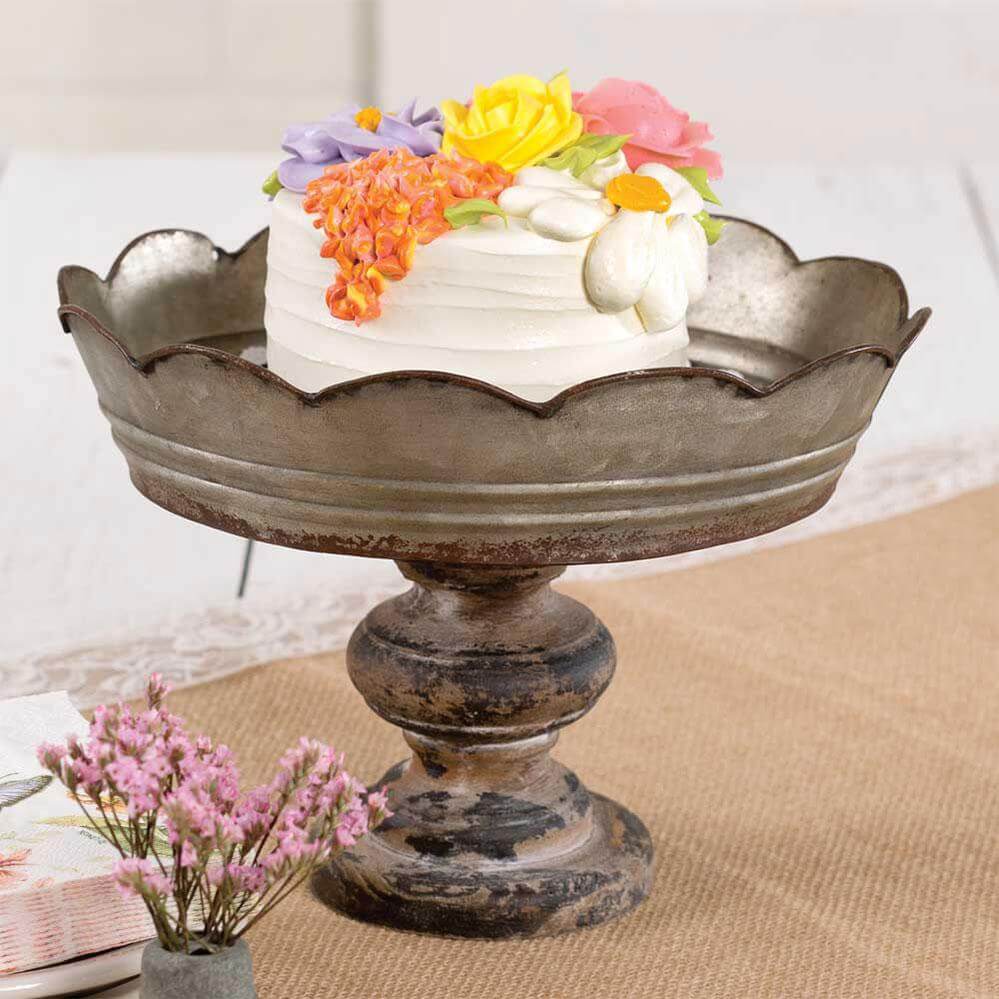 Vintage Scalloped Rustic Metal and Wood Cake Stand