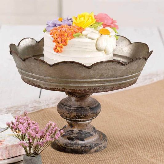 Vintage Scalloped Rustic Metal and Wood Cake Stand
