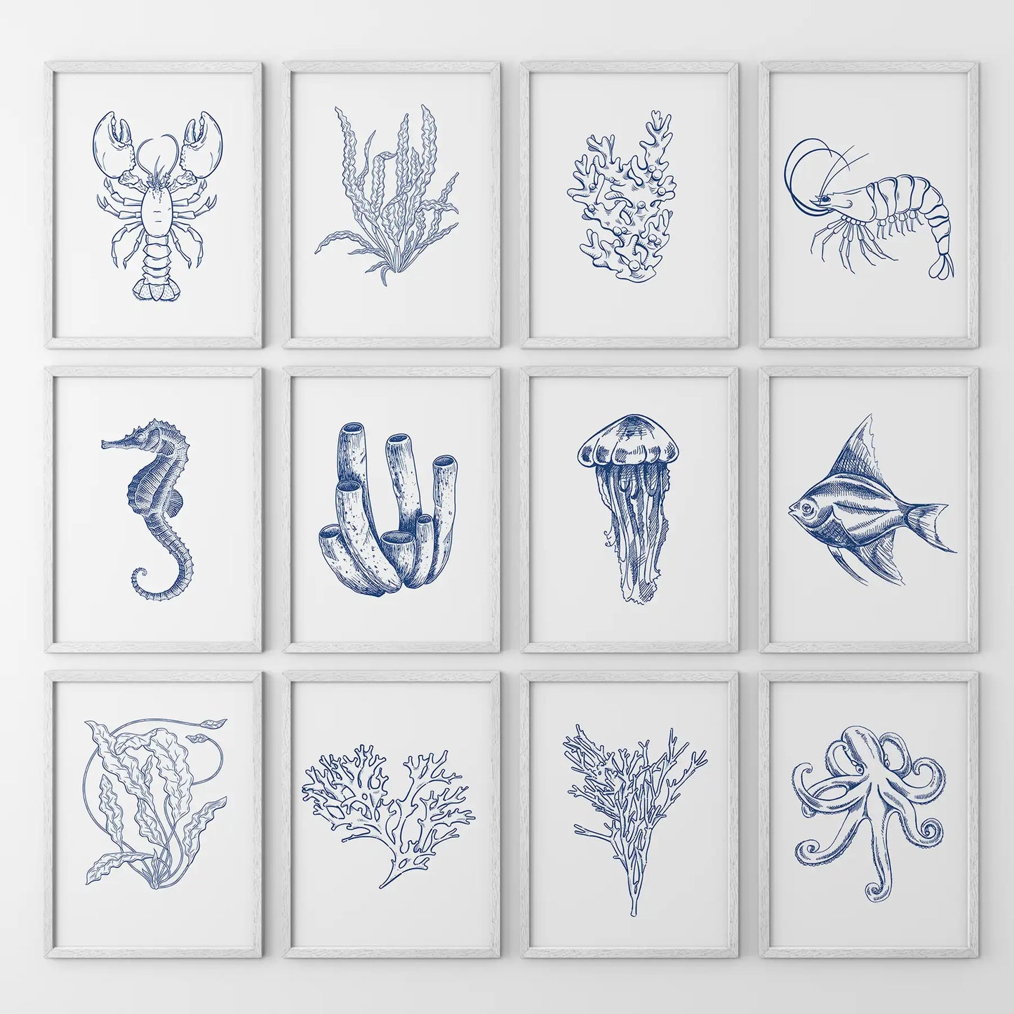 Nautical Modern Marine Life Wall Art. Navy Blue Set of 12