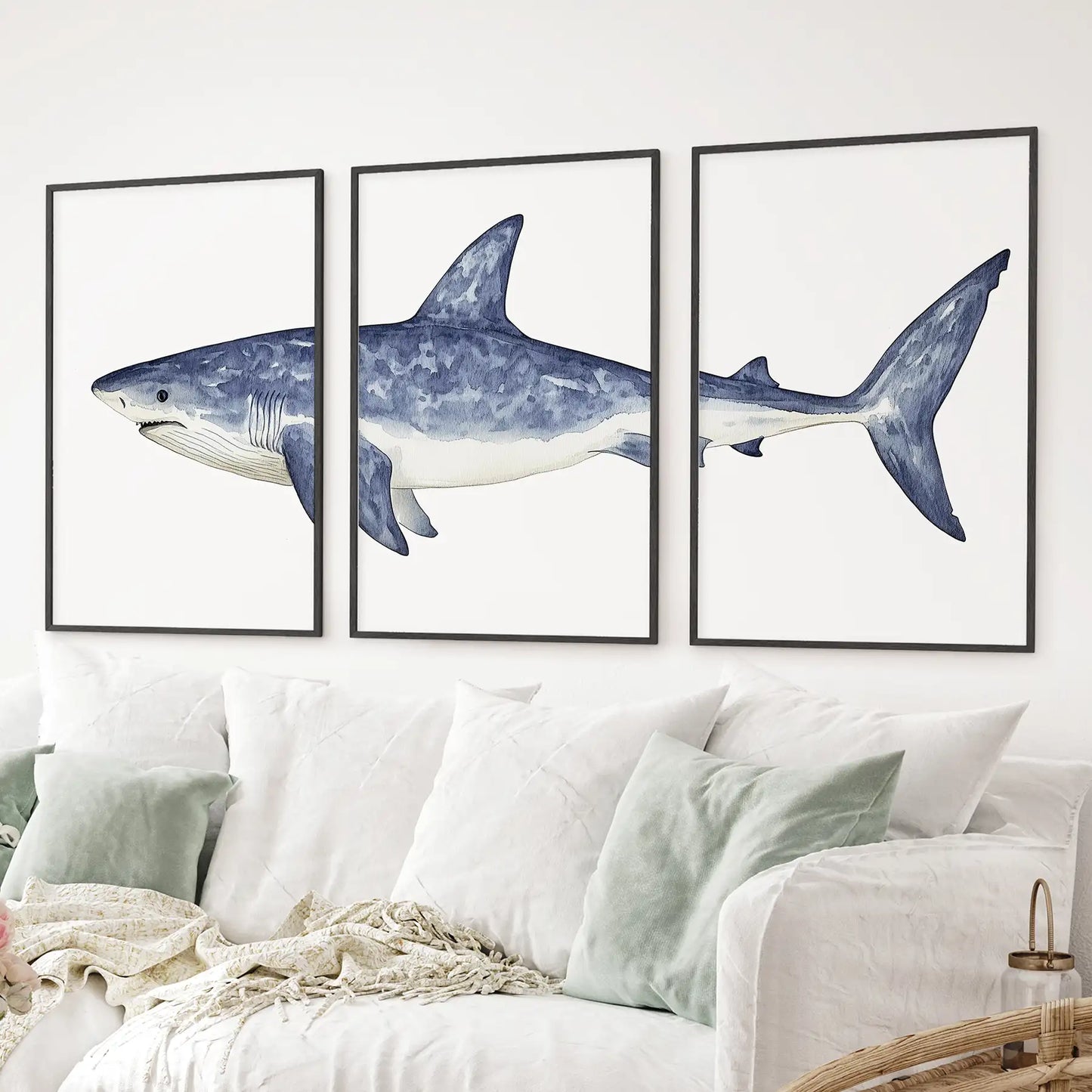 Shark Wall Art. Set of 3 Watercolor Ocean Animal Prints