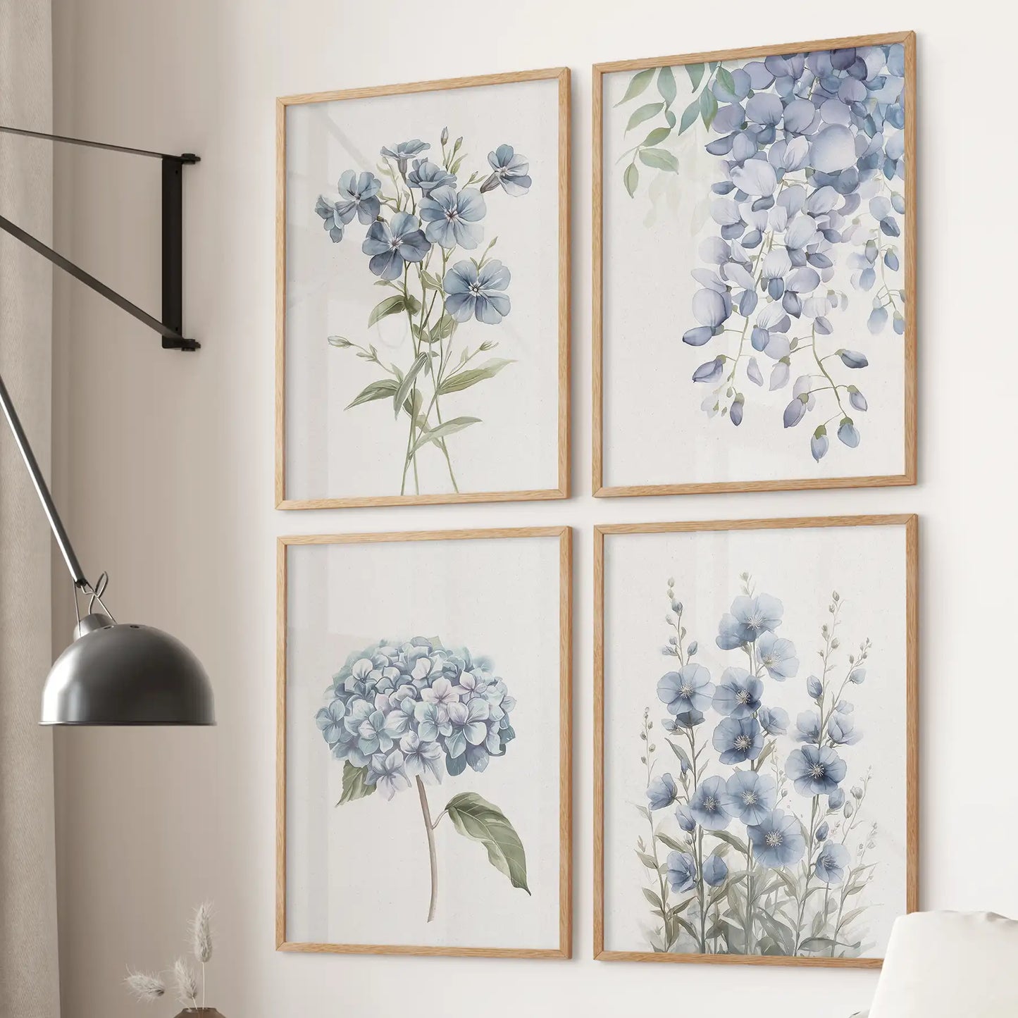 Soft Blue Hydrangea Prints. 4 Piece Watercolor Wall Art