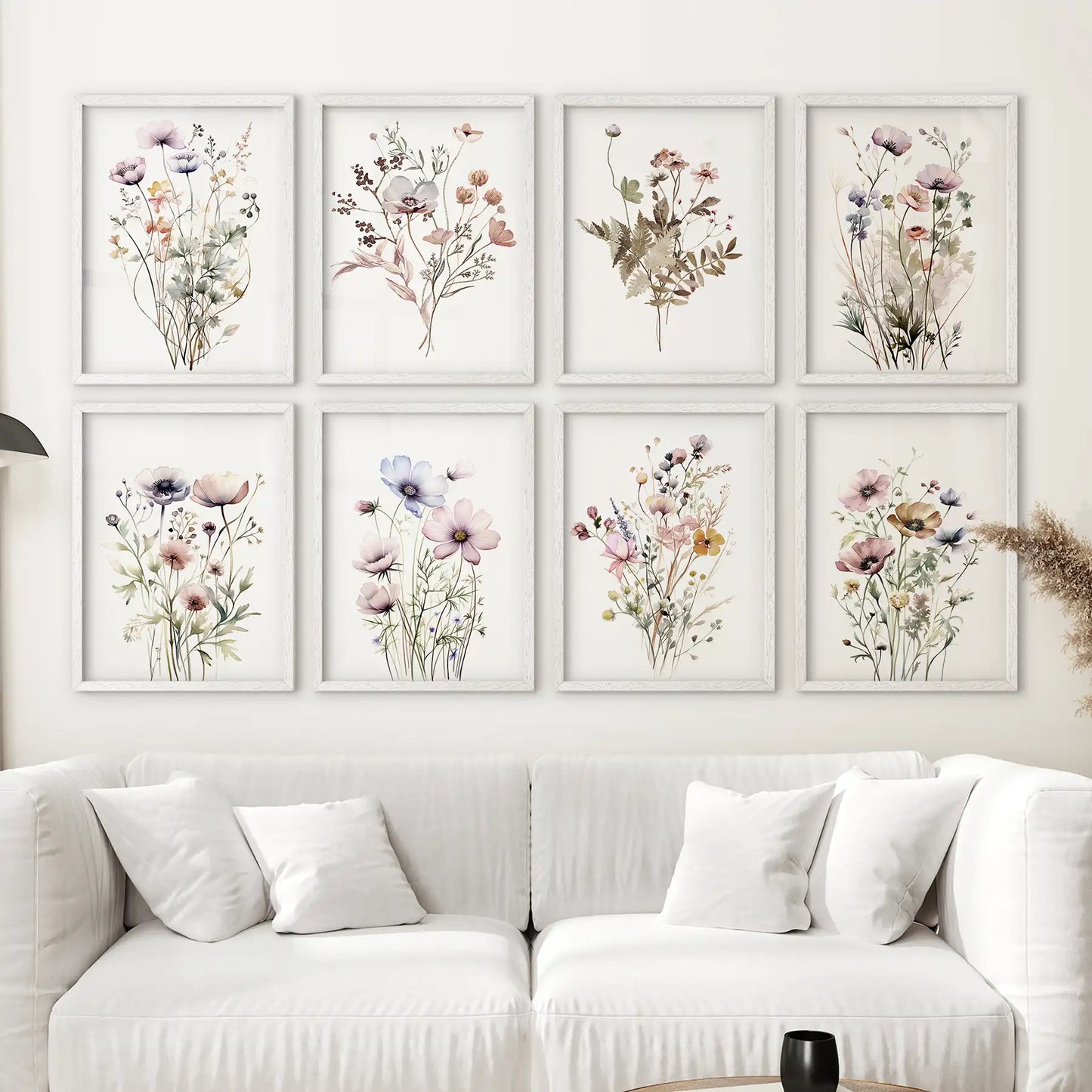 Watercolor Wildflower Gallery Wall. 8 Piece Botanical Print Set for Living Room