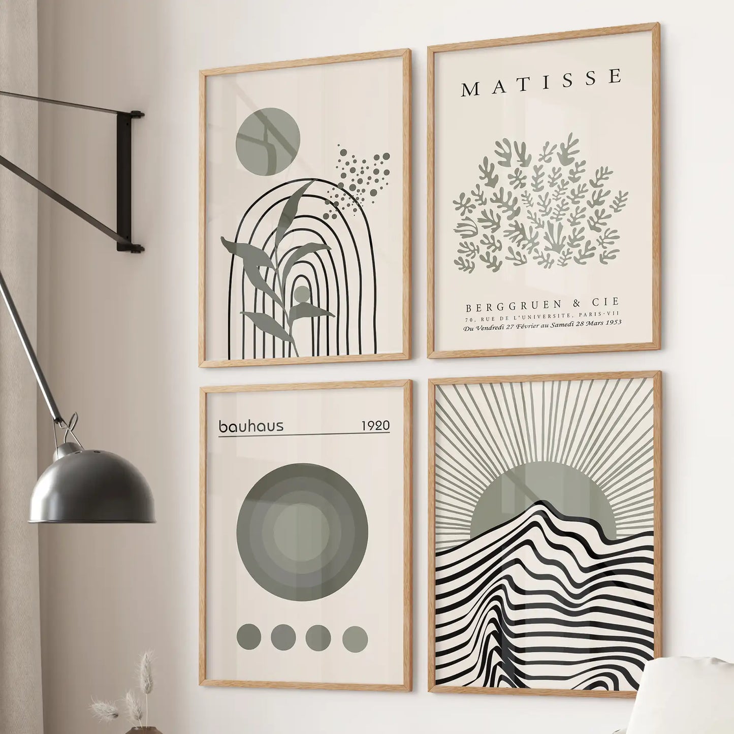 Modern Sage Green Wall Art. Set of 4 Bauhaus and Matisse-Inspired Prints