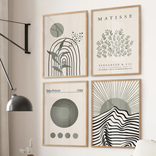 Modern Sage Green Wall Art. Set of 4 Bauhaus and Matisse-Inspired Prints