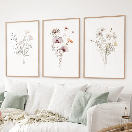 Watercolor Wildflower Set of 3 Prints. Botanical Floral Art for Cottage Spaces