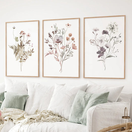 Meadow Wildflower Print Set of 3 Pieces. Watercolor Botanical Prints