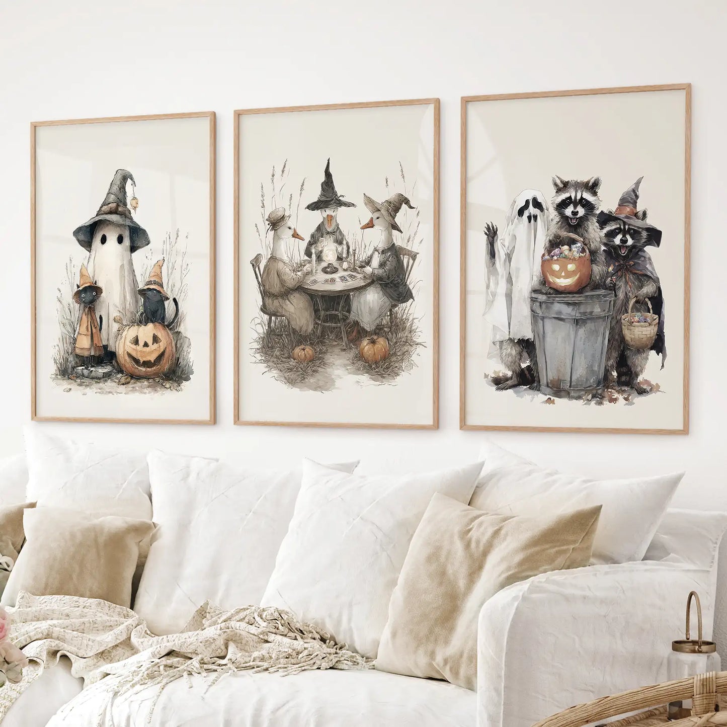 Halloween Set of 3 Wall Art. Ghost, Witch, Animals, Pumpkins