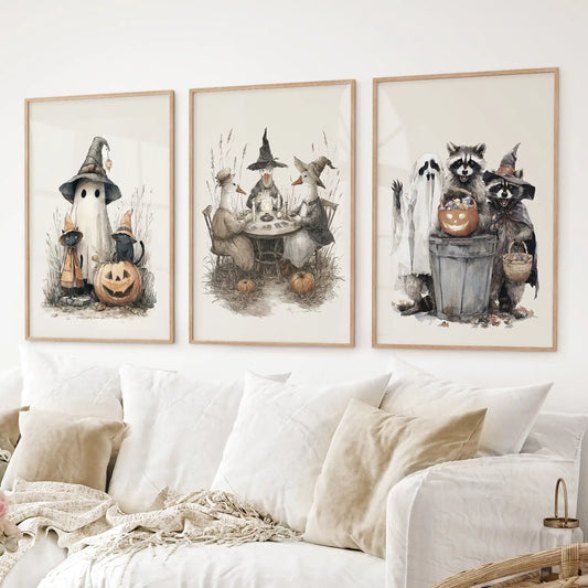 Halloween Set of 3 Wall Art. Ghost, Witch, Animals, Pumpkins