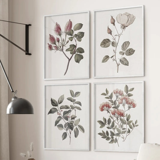 Vintage Floral Set of 4 Prints. Botanical Wall Art