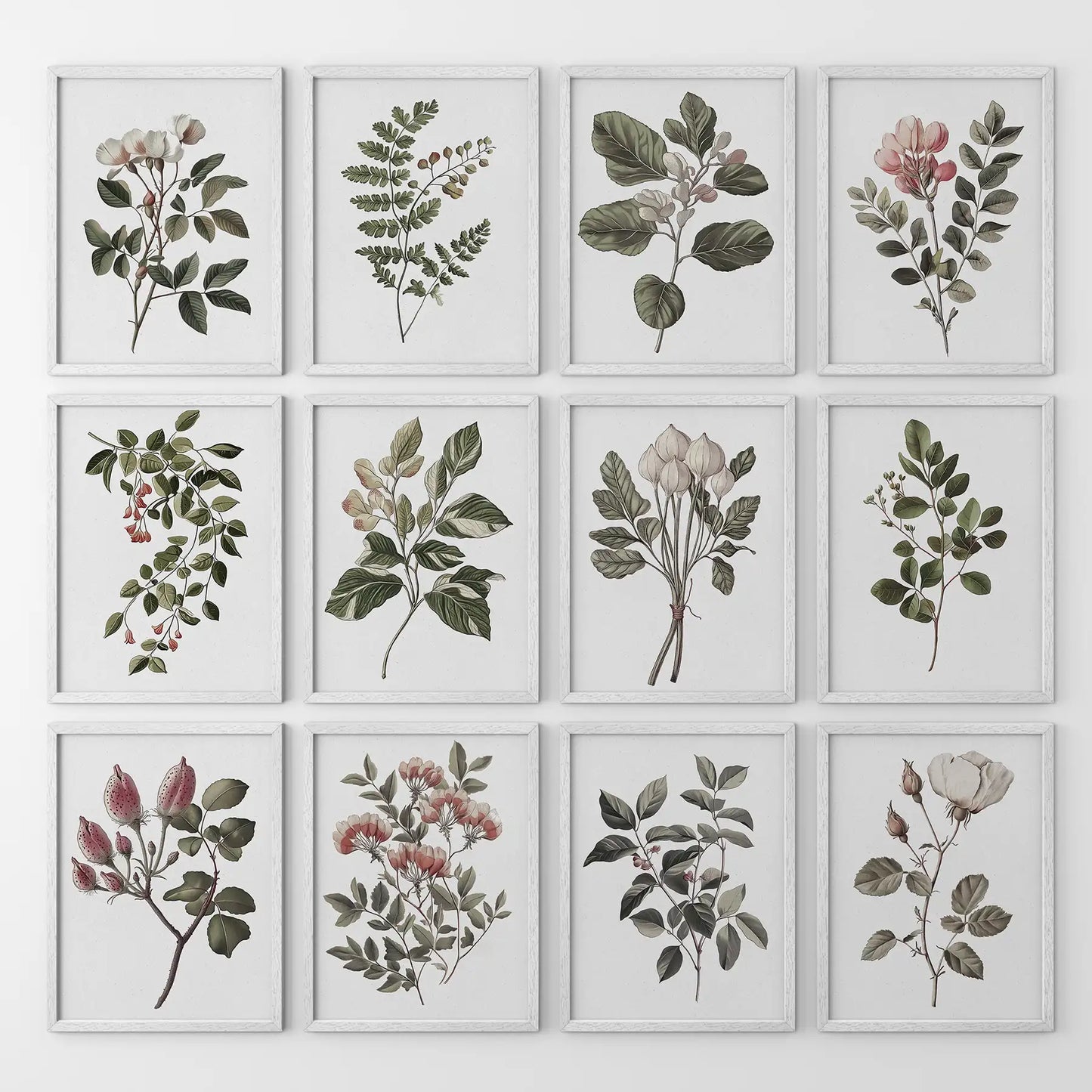 Magnolia, Fuchsia, Fig Plant Prints. Green Set of 12 Wall Art