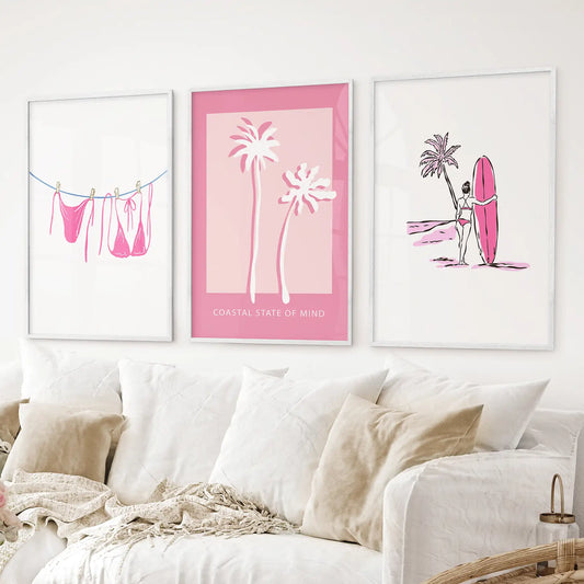 Beach House 3 Piece Girly Wall Art: Pink Palm, Surfer Prints
