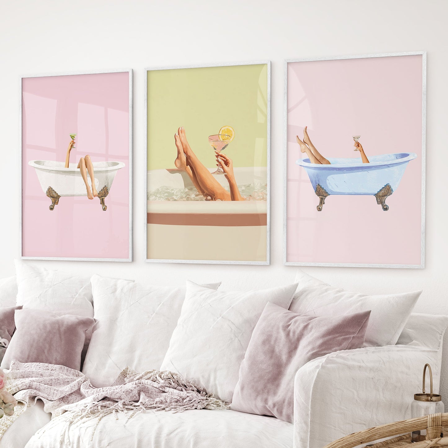 Relaxing Bathtub Prints with Cocktails. Set of 3 Prints