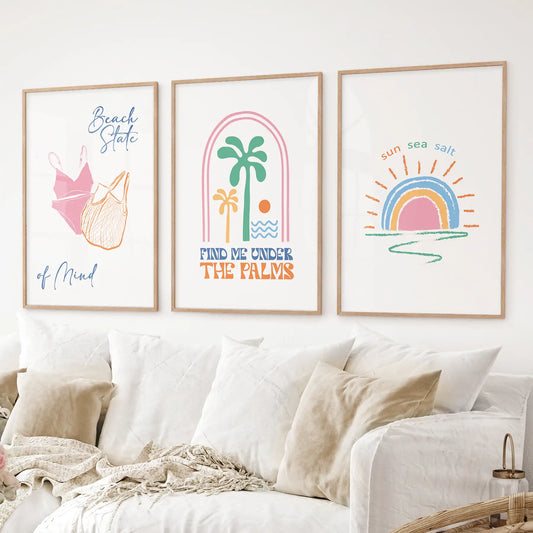 Coastal Summer Vibes Wall Decor. Palm Sunset Poster Set of 3