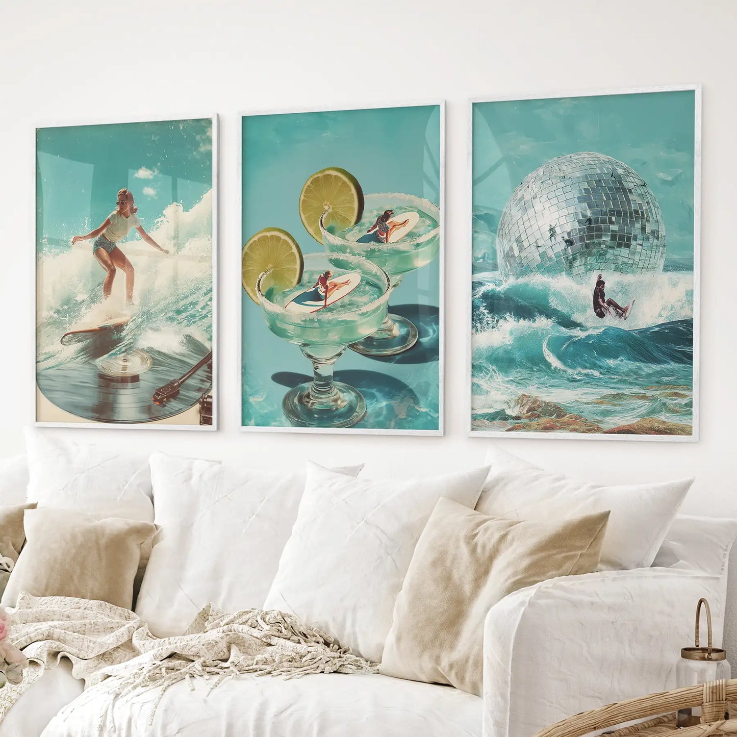 Retro Coastal Surfing Wall Art Set of 3. Surreal Blue Wave