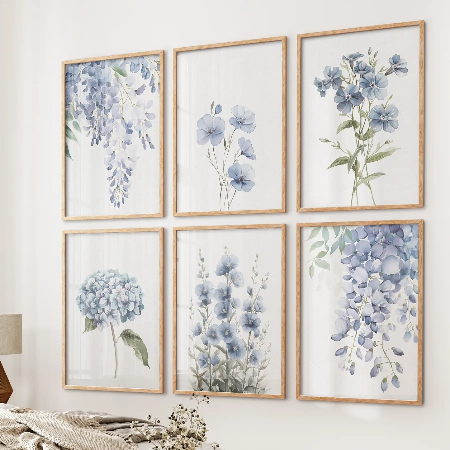 Wisteria, Flax, and Hydrangea Watercolor Art. 6 Piece Décor