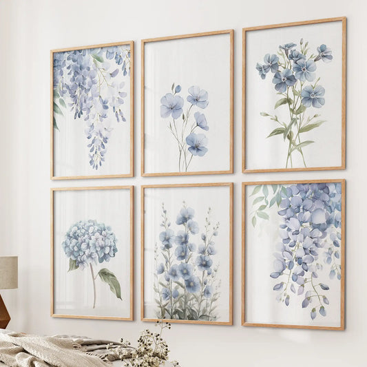 Wisteria, Flax, and Hydrangea Watercolor Art. 6 Piece Décor