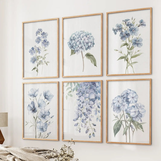 Watercolor Hydrangea, Wisteria Wall Art. Set of 6 Prints