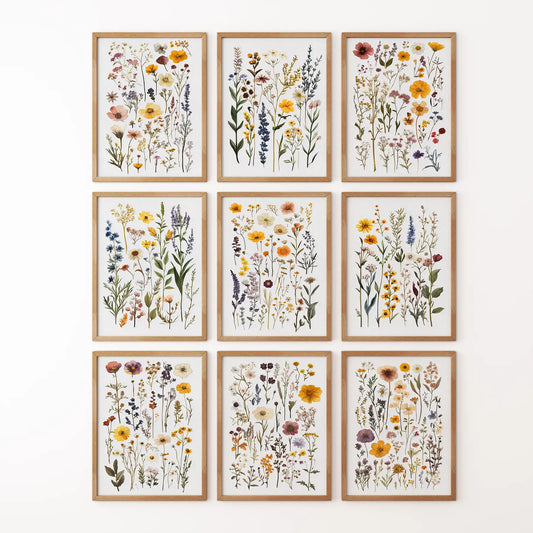 Meadow Wildflowers Prints. Floral Wall Art Set of 9 Pieces