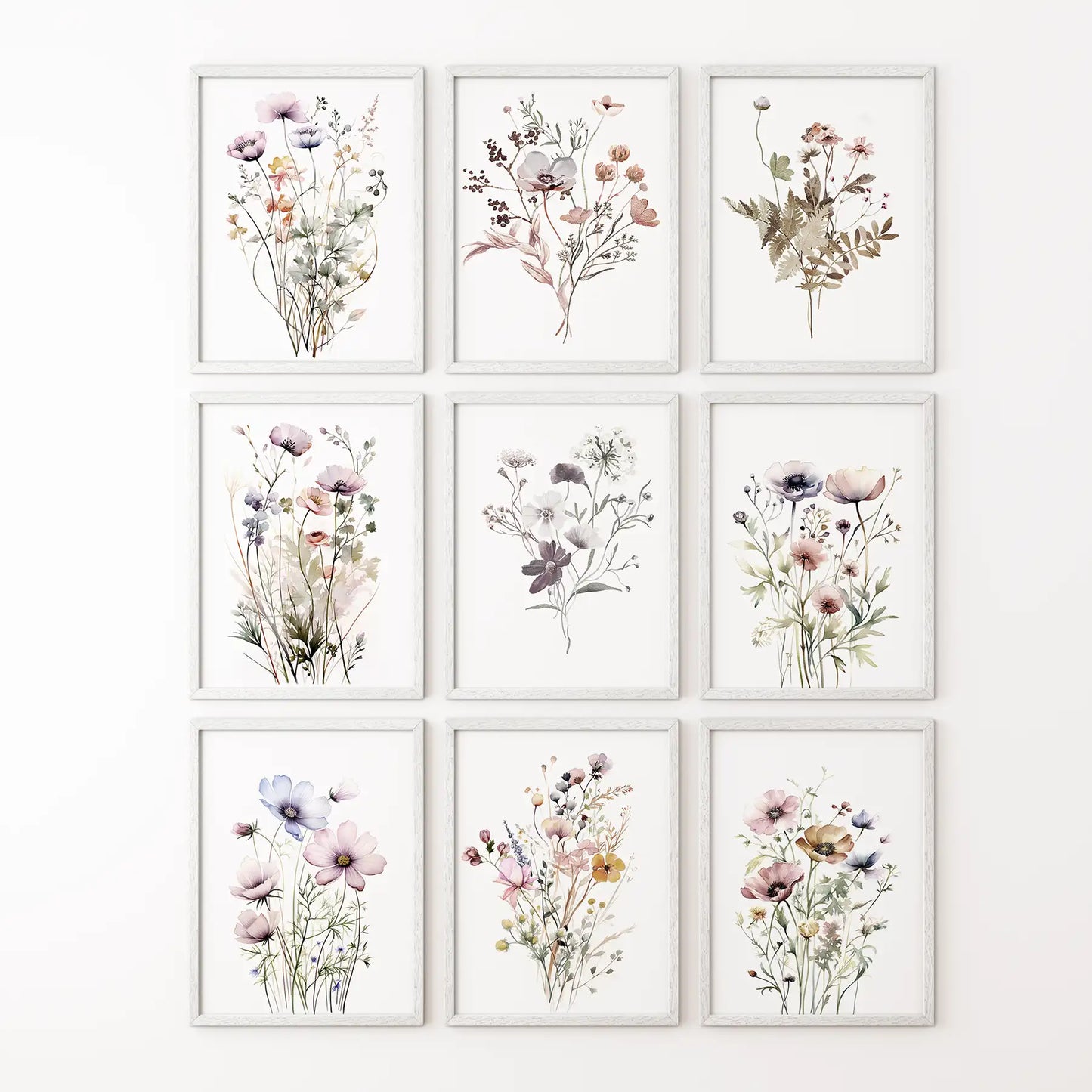 Soft Botanical Watercolor Set of 9 Prints. Wildflower Wall Art