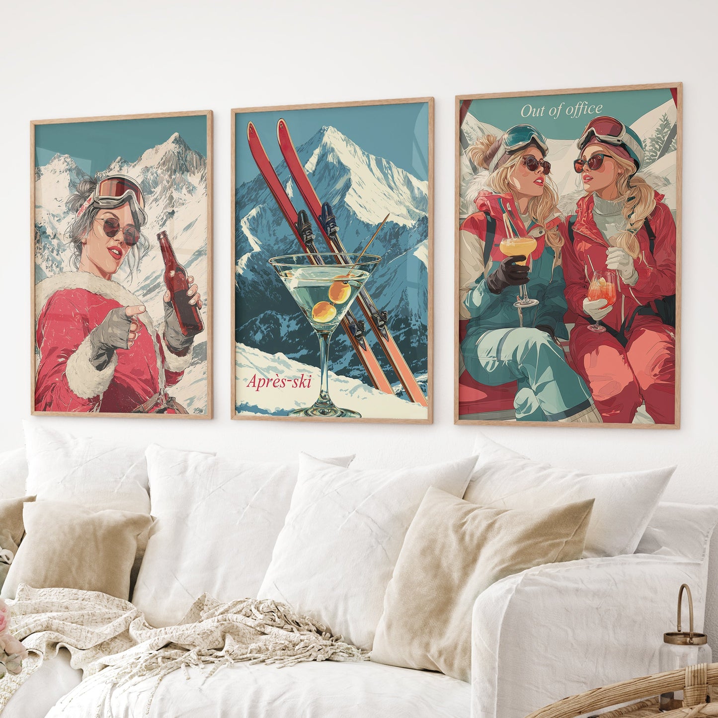 Winter Après Ski Scene Wall Art. Retro Alpine Print Set of 3