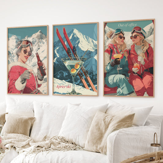 Winter Après Ski Scene Wall Art. Retro Alpine Print Set of 3