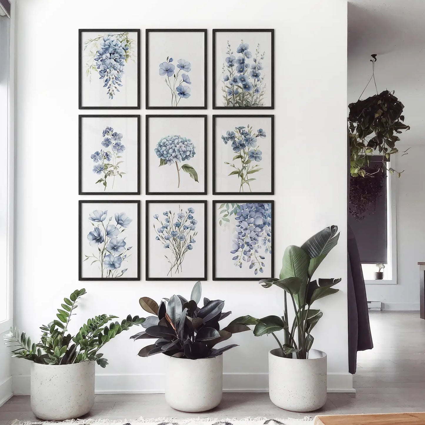 9 Piece Wall Art Decor. Blue Hydrangea Floral Posters