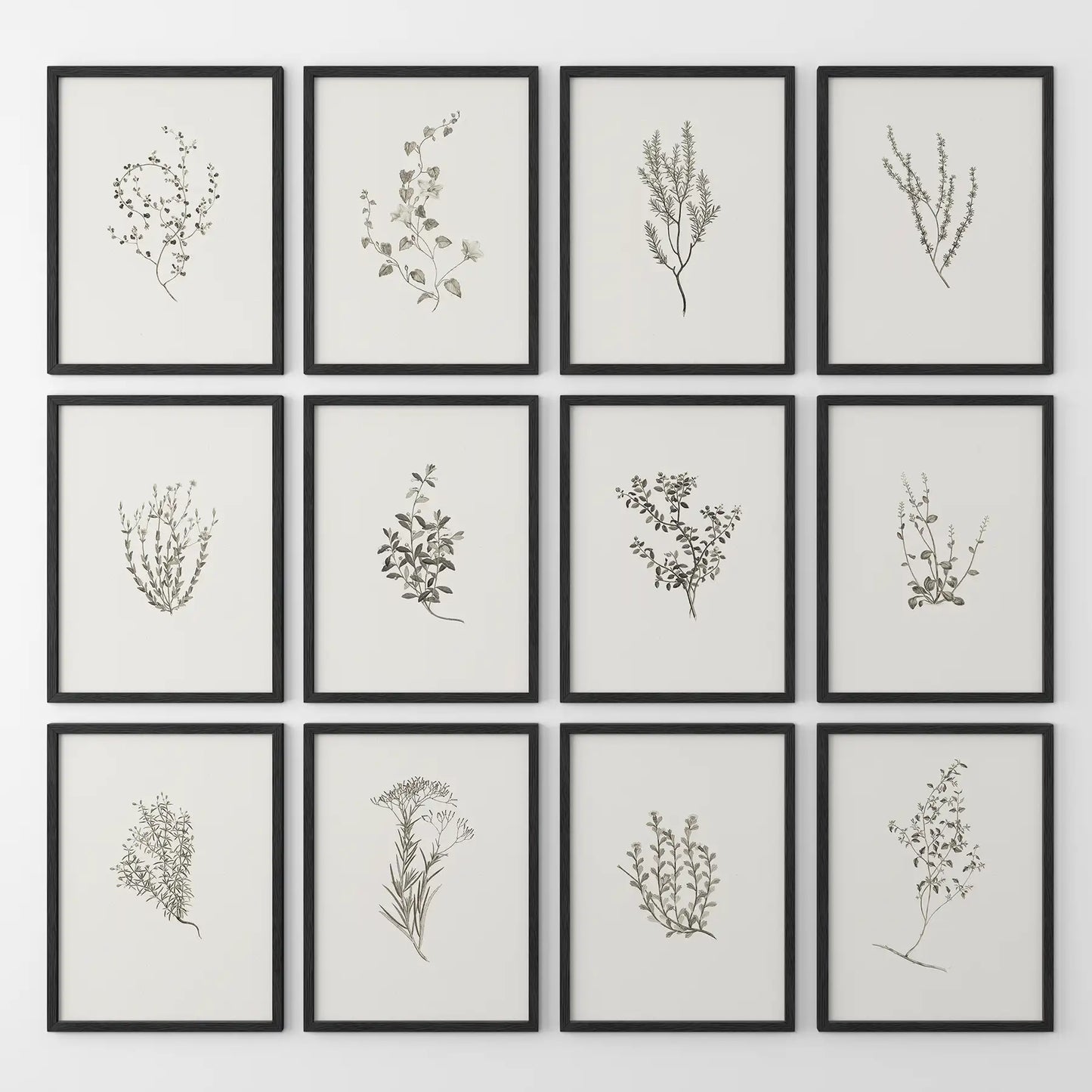 Minimalist Herbal Botanical Wall Art. Vintage Set of 12 Prints