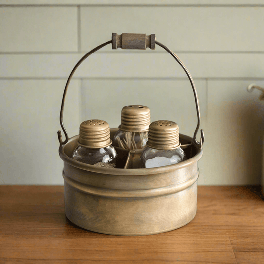 Vintage Salt Pepper and Toothpick Caddy in Antique Brass