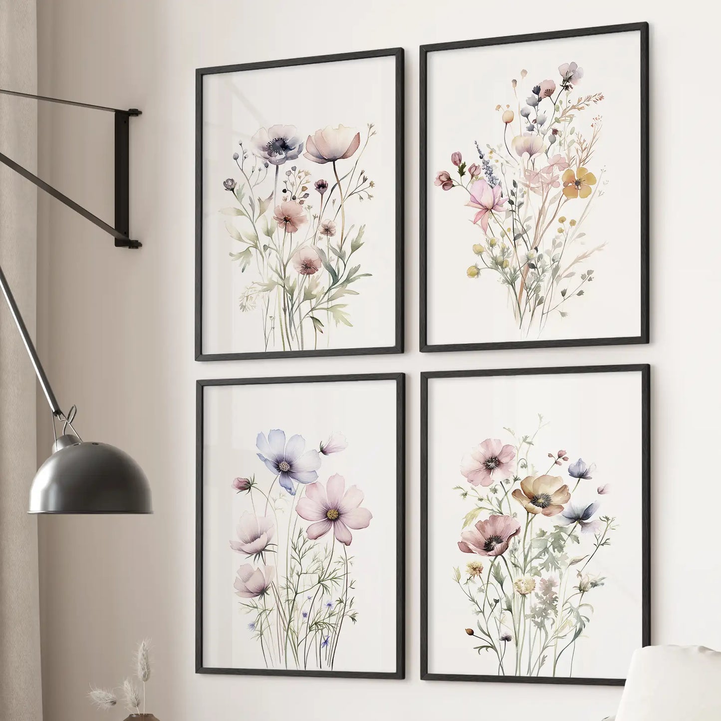 Neutral Floral Wall Art Set of 4. Watercolor Botanical Prints
