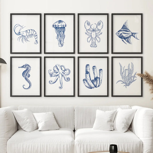 Blue Sea Life Wall Art. Set of 8 Nautical Ocean Animal