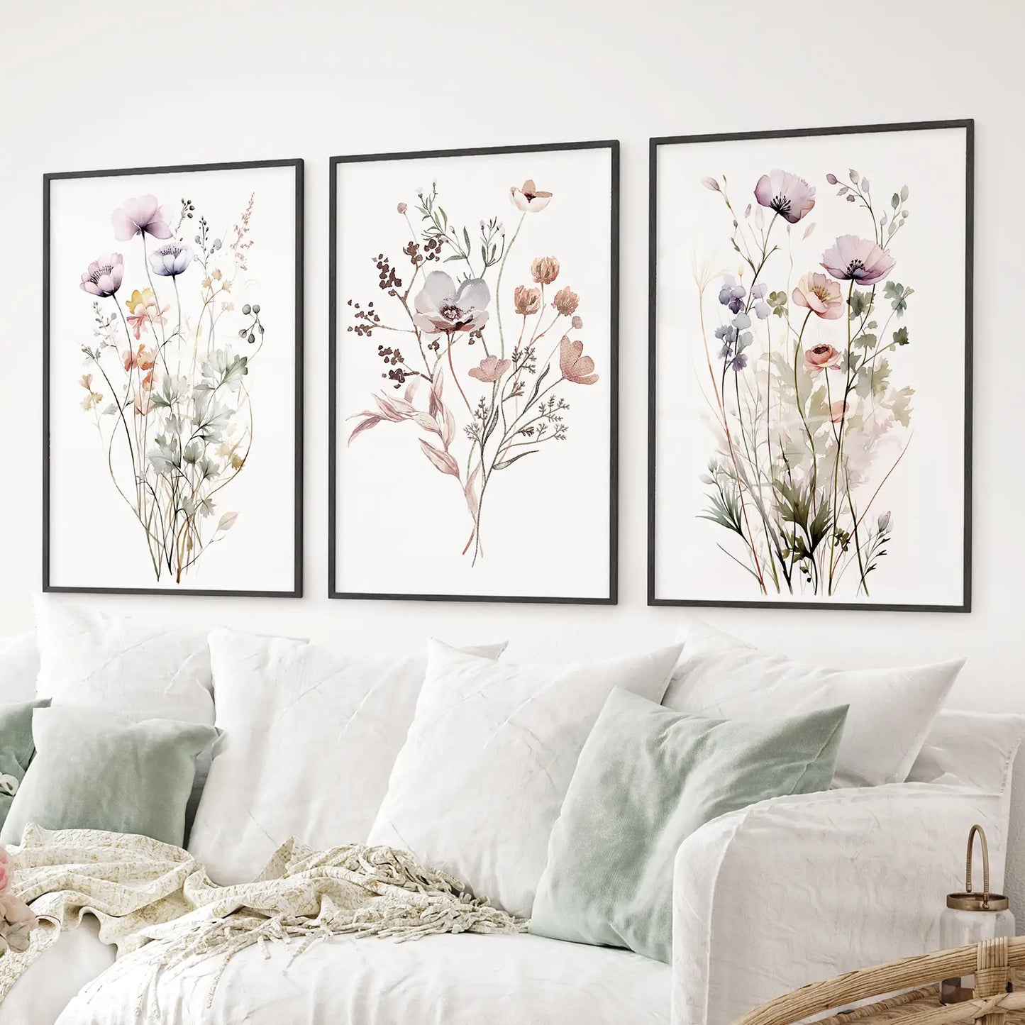 Soft Wildflower Wall Art. Set of 3 Muted Floral Prints