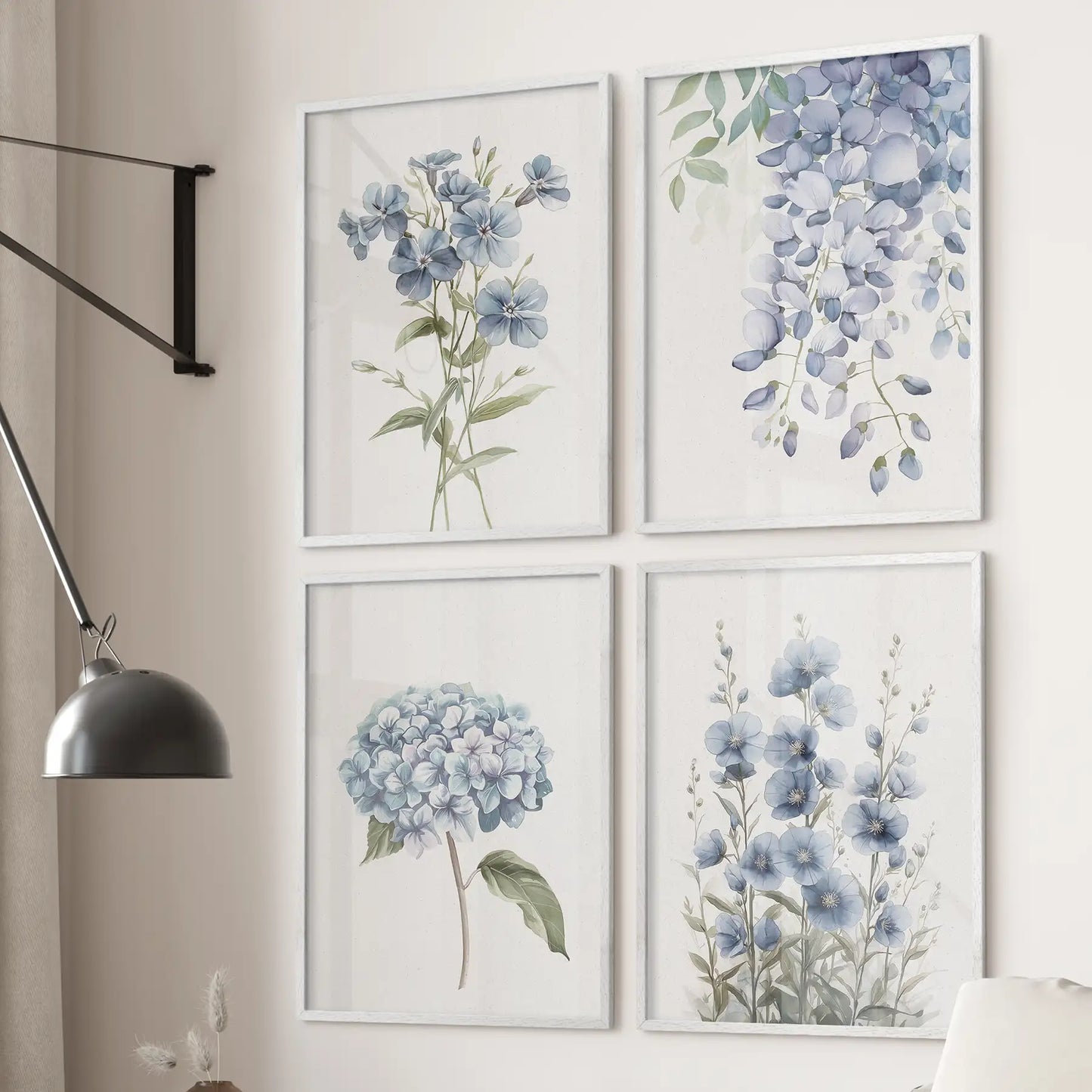 Soft Blue Hydrangea Prints. 4 Piece Watercolor Wall Art
