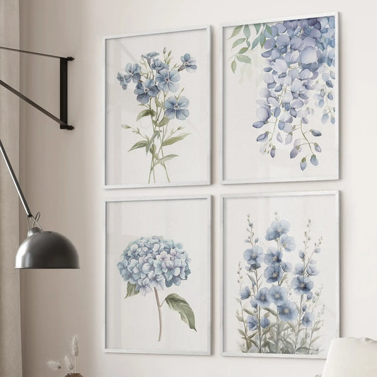 Soft Blue Hydrangea Prints. 4 Piece Watercolor Wall Art