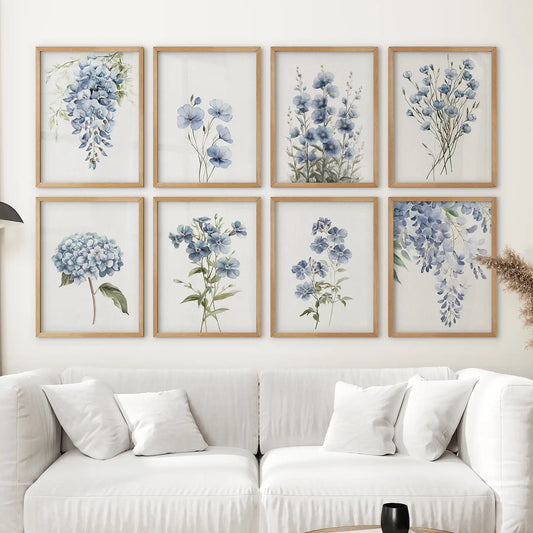 Floral Set of 8 Posters. Wisteria, Hydrangea, Pansy Wall Art