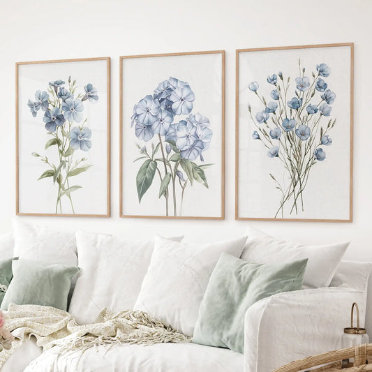 Watercolor Blue Flowers Wall Art. Set of 3 Prints