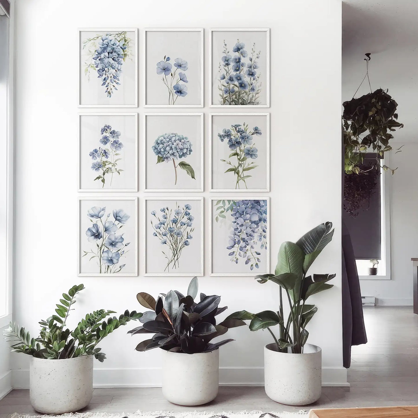9 Piece Wall Art Decor. Blue Hydrangea Floral Posters