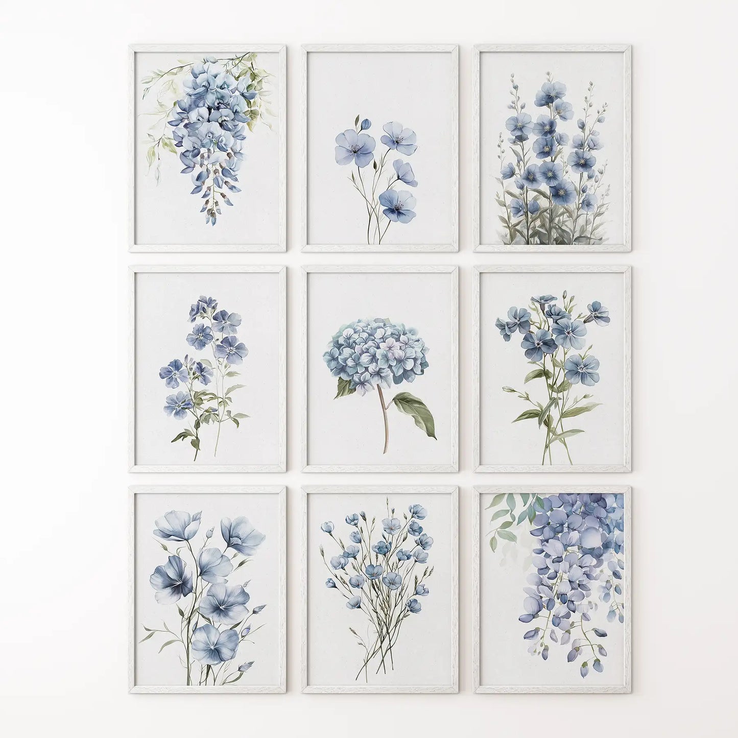 9 Piece Wall Art Decor. Blue Hydrangea Floral Posters